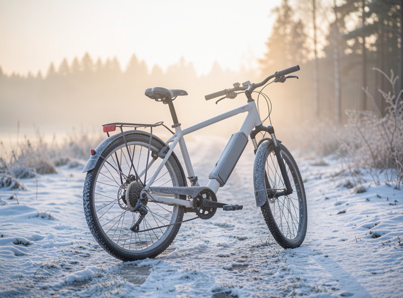 E-bike with frosted frame parked on a snow-dusted Nordic bike path at dawn