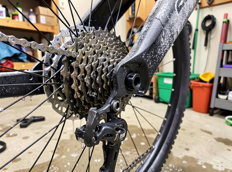 Close-up of a salt-crusted e-bike drivetrain being rinsed with water in a garage