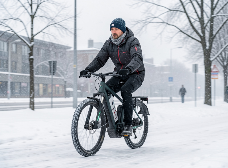 Cyclist in winter layers riding an e-bike with studded tires through light snowfall